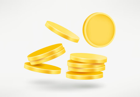 Falling golden coins isolated on white background. 3d vector illustrationのイラスト素材
