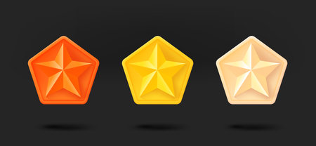 Different color star achievement icons collection. 3d vector isolated on black backgroundのイラスト素材