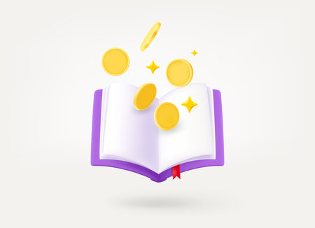 Book with gold coins. Pay for education or information concept. 3d vector illustrationのイラスト素材