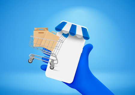 Making purchasing online concept with hand holding smartphone. 3d vector illustrationのイラスト素材