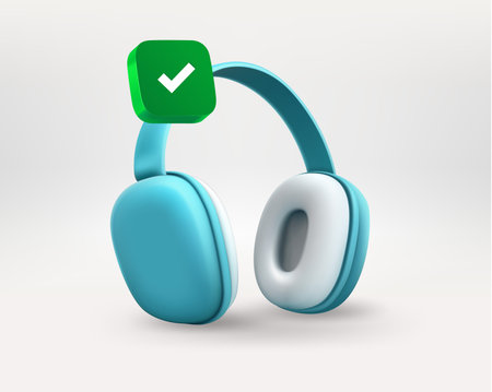 Blue headphones with green check mark isolated on white background. 3d vector iconのイラスト素材