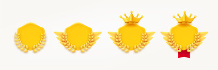 Different game rank emblems with shields and wreaths. Game achievement badge collection. 3d vector clipart isolated on white backgroundのイラスト素材