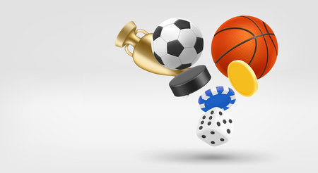 Gambling concept with different sport game inventory. 3d vector banner with copy spaceのイラスト素材