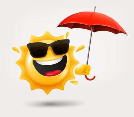 Happy sun emoji with umbrella in a hand. 3d vector isolated on white backgroundのイラスト素材
