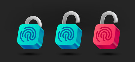 Locked and unlocked padlock with fingerprint collection. 3d vector isolated on black backgroundのイラスト素材