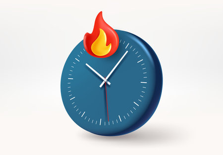 Blue clock with white arrows and fire sign. Hot data concept. 3d vector illustrationのイラスト素材