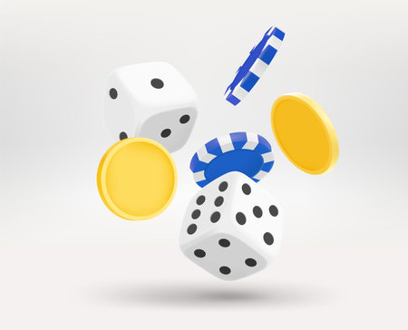 Gambling addiction concept with dice, chips and coins. 3d vector illustrationのイラスト素材