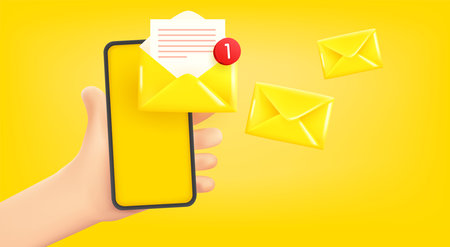 Man holding smartphone with new messages. 3d vector banner with copy spaceのイラスト素材