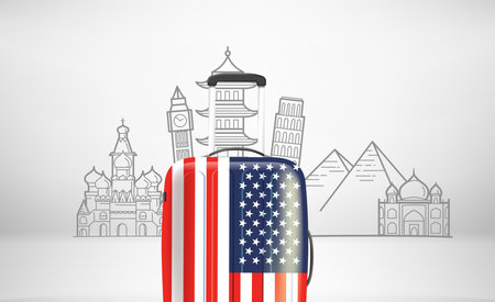 World travel concept with suitcase and famous monuments. vector illustrationのイラスト素材