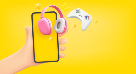 Man holding smartphone with multimedia gadgets. 3d vector banner with copy spaceのイラスト素材