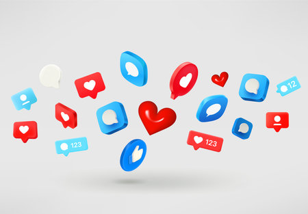 Social media icons flying on white background. 3d vector illustrationのイラスト素材