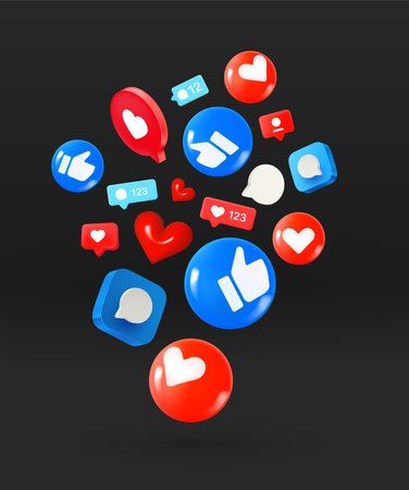Social media icons flying on black background. 3d vector illustrationのイラスト素材