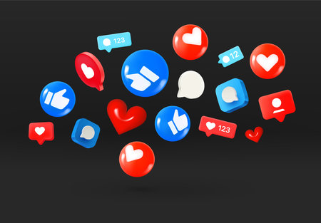 Social media icons flying on black background. 3d vector illustrationのイラスト素材