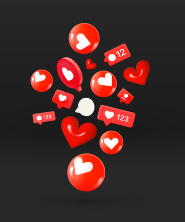 Social media icons flying on black background. 3d vector illustrationのイラスト素材