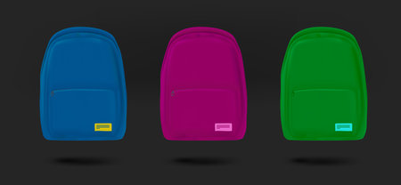 Different school bags collection. 3d vector isolated on black backgroundのイラスト素材