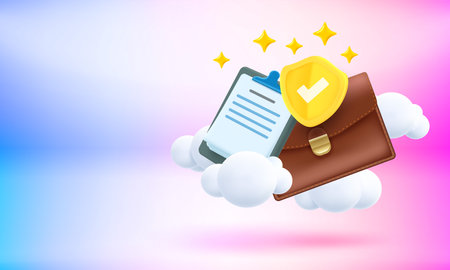 insurance contract concept. Briefcase with the shield with checkmark. 3d vector banner with copy spaceのイラスト素材