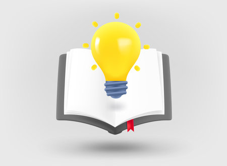 Book with brighting lightbulb. inspiration concept. 3d vector illustrationのイラスト素材