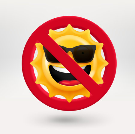 Cute sun emoji in red circle with crossed line. No light concept. 3d vector iconのイラスト素材
