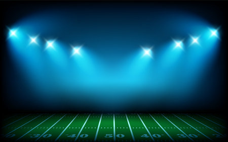 Illuminated american football stadium with projectors. 3d vector illustrationのイラスト素材
