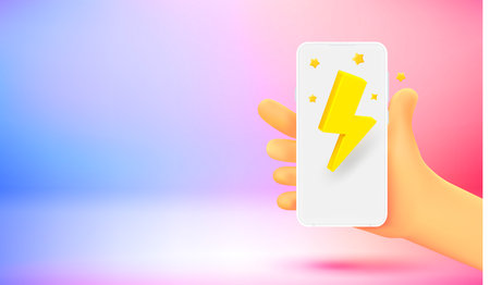 Comic hand with smartphone and bolt icon. 3d vector banner with copy spaceのイラスト素材