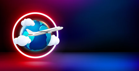 Product showcase and shining neon frame with sale sign. 3d vector banner with copy space. Tyravel conceptのイラスト素材