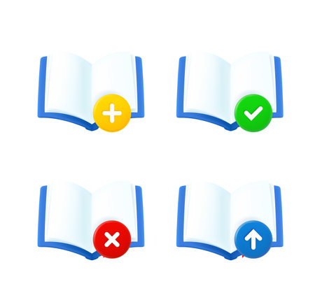 Open book set with different pictograms. 3d vector icons setのイラスト素材
