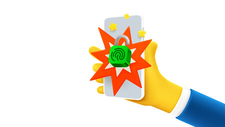 Man holding smartphone with padlock on the screen. 3d vector banner with copy spaceのイラスト素材