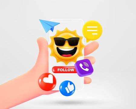 Man holding smartphone with Social media icons and emoji. vector 3d illustrationのイラスト素材