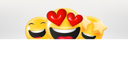 Cute happy emoji looking at you. 3d vector illustration with copy spaceのイラスト素材