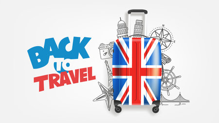 Back to travel concept with suitcase and doodle elements. Vector banner with lettering textのイラスト素材