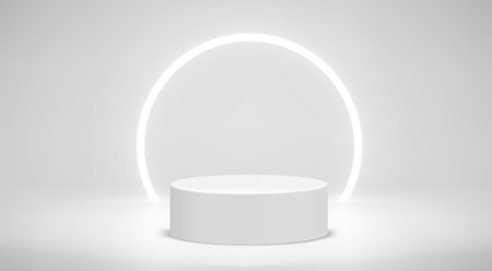 White illuminated studio with arc neon light and podium. 3d vector illustrationのイラスト素材