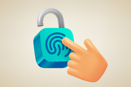 Hand pressing on padpock. Unlocking with fingerprint. 3d vector illustrationのイラスト素材