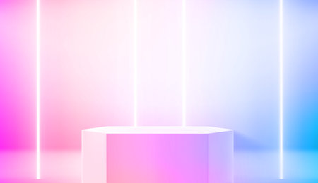 Vivid room with showcase and neon lamps. Realistic showcase for advertisement. 3d style vector illustrationのイラスト素材