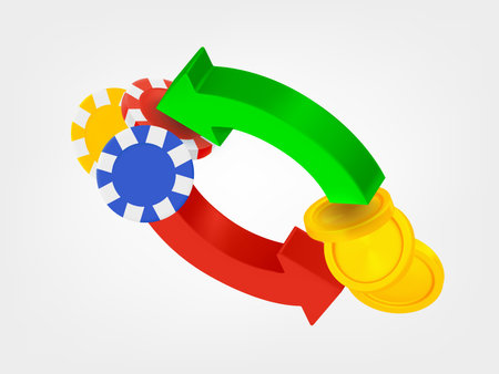 Two arrows with coins and casino chips. 3d vector icons isolated on white backgroundのイラスト素材