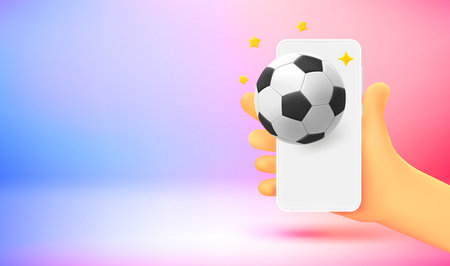 Comic hand with smartphone and soccer ball icon. 3d vector banner with copy spaceのイラスト素材