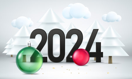 Happy new 2024 illustration. Composition with digits, color baubles and pines. 3d vector illustrationのイラスト素材