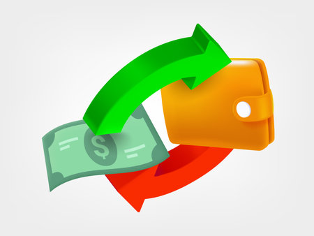 Two arrows in the circle with banknote and wallet. Cashback concept. 3d vector icons isolated on white backgroundのイラスト素材