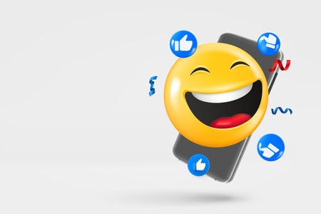Modern smartphone with social media icons and laughing emoji. 3d vector banner with copy spaceのイラスト素材