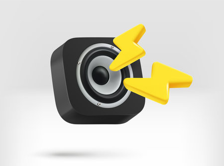 Loud music concept. Sound speaker with golden thunderbolts. 3d vector illustrationのイラスト素材