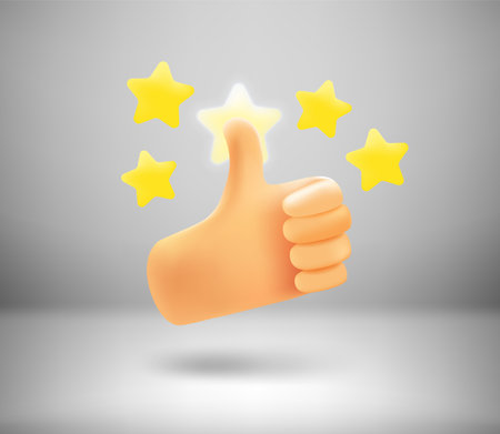 Thumbs up and shining stars in a hand. 3d vector bannerのイラスト素材