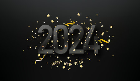 Happy new 2024 card with black digits and golden confetti