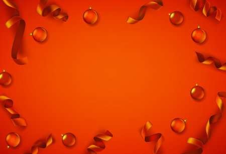Red silk ribbons and red baubles on red background. Christmas banner with copy spaceのイラスト素材