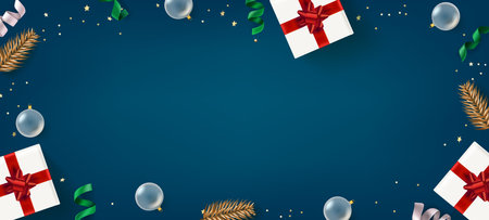 Christmas flat lay background with holiday elements. Realistic vector card with copy spaceのイラスト素材
