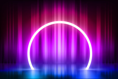 Abstract vibrant empty studio with glowing neon arc. Design product template. 3d vector mockupのイラスト素材