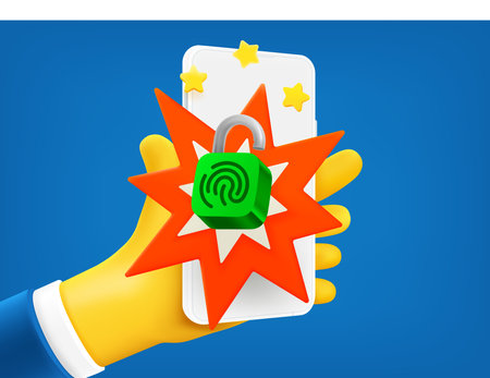 Businessman holding smartphone with padlock on the screen. Unlock concept. 3d vector illustrationのイラスト素材