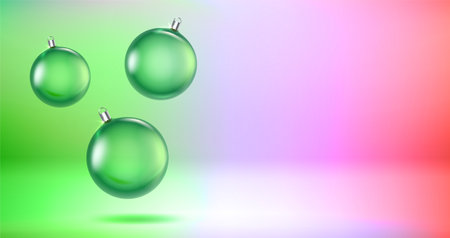 Christmas baubles on holographic background. Vector 3d banner with copy spaceのイラスト素材