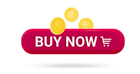 Buy now button with golden coins. Vector 3d banner with copy spaceのイラスト素材