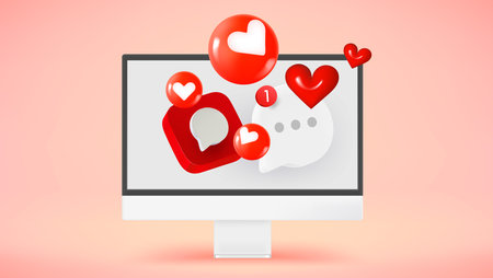 Modern computer with social media icons. 3d vector illustrationのイラスト素材