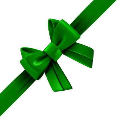 Green ribbon with bow on the box. Design trmplate. 3d vector illustrationのイラスト素材