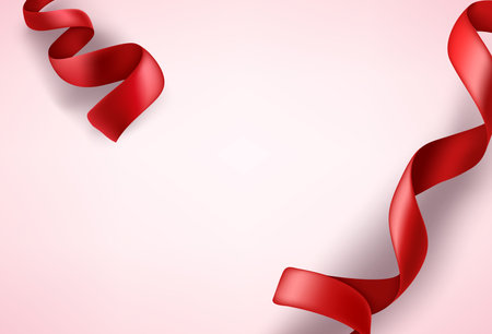 Red silk ribbons on white background. Greeting card template with copy spaceのイラスト素材